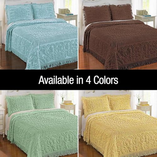 Image of Collections Etc Calista Chenille Lightweight Bedspread with Fringe Border, Turquoise, Queen