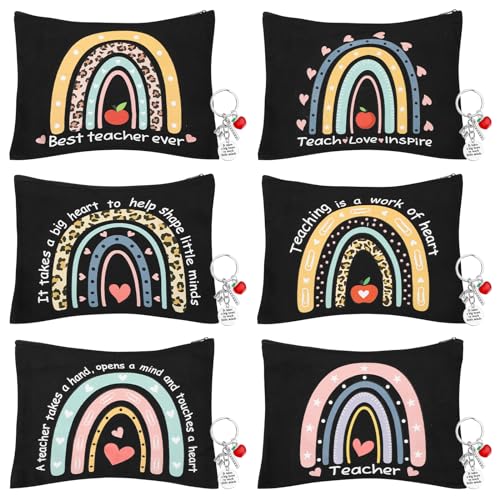 6 peças de presentes de agradecimento de professores em massa bolsas de maquiagem para professores para mulheres, 6 estilos, bolsas de lápis de lona para professores, estojo de higiene pessoal de