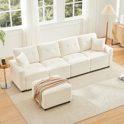 Sofá modular de 4 plazas con taburete flexible, sofá esquinero con práctico espacio de almacenamiento, lujoso paisaje de pana beige, mueble moderno para salón, habitación de invitados