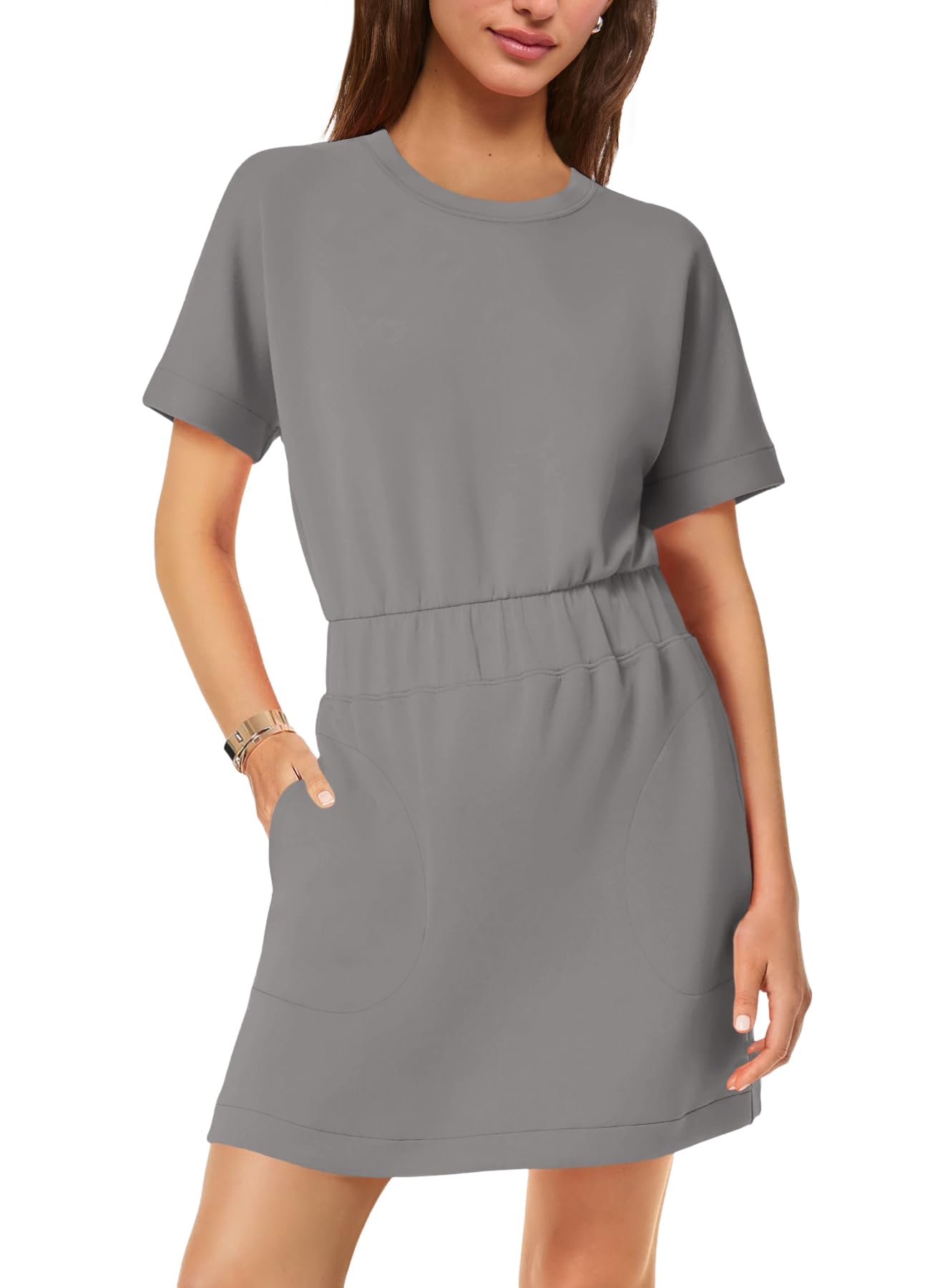 SENSERISE Womens Short Sleeve T Shirt Dresses Crew Neck Solid Color Basic Smocked Waist Dress with Pockets