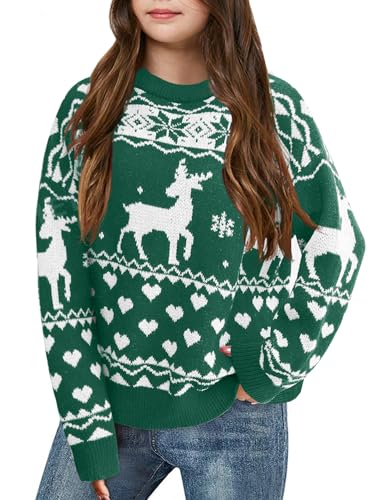 Image of Girls Christmas Pullover Sweaters Reindeer Elk Snow Long Sleeve Crew Neck Chunky Tops