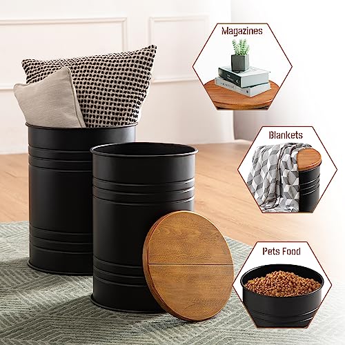 Glitzhome Nesting Table With Storage, Set Of 2 Farmhouse End Side Tables With Lid, Metal Barrel Rustic Accent Stools For Living Room Bedroom Office thumb #4