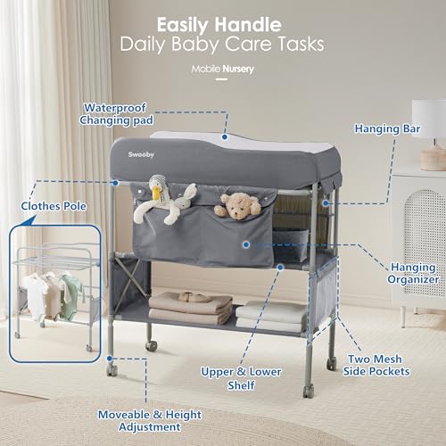 Image of Sweeby Portable Baby Changing Table, Foldable Diaper Changing Station with Waterproof Pad, Mobile Nursery Organizer for Infant & Newborn Essentials, Dark Grey