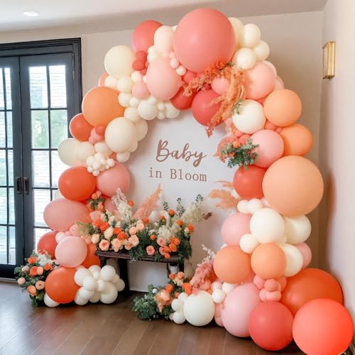 Image of Pink and Coral Red Balloon Garland Arch Kit, Ivory White Maca Orange Latex Balloons Arch Kit for Mother's Day Wedding Engagement Anniversary Birthday Baby Shower Party Decoration Supplies