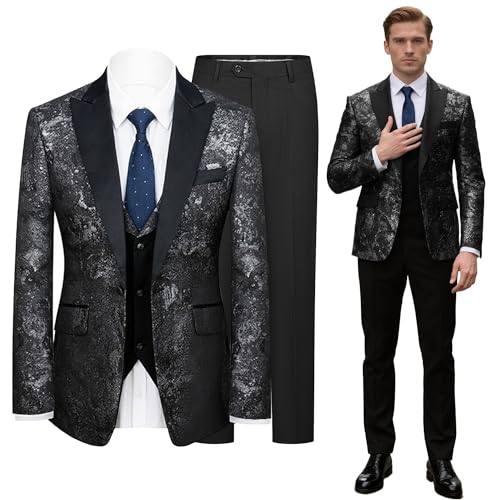 Mens Tuxedo 3 Pieces Slim Fit Suit Blazer Jacquard Peaked Lapel Vest Pants Wedding Prom Business Banquet Performance