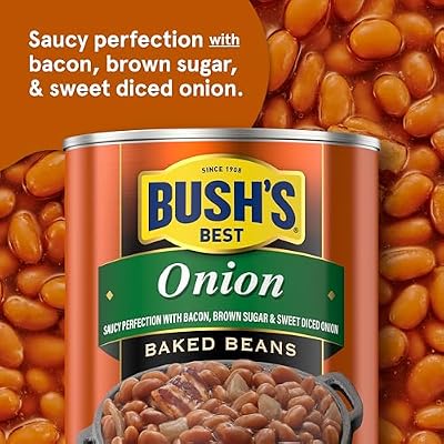 BUSH'S BEST 16 oz Canned Onion Baked Beans, Source of Plant Based Protein and Fiber, Low Fat, Gluten Free, (Pack of 12)