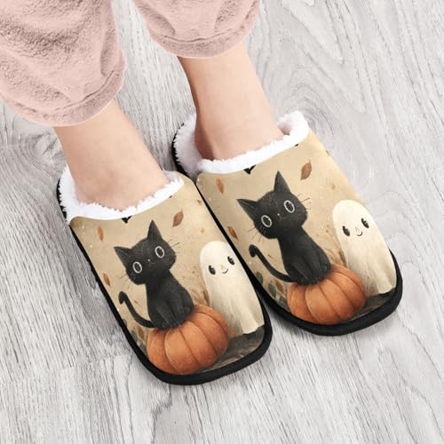 Cat Ghosts Pumpkin Brown Slippers For Women Men Soft Memory Foam Non-Slip Hallowmas Winter Indoor House Shoes Travel Slipper4
