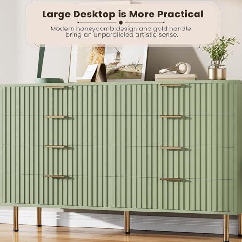 8 Drawer Dresser for Bedroom, Fluted 55" Wide Modern Chest of Drawers with Deep Drawers, Wooden Dresser Organizer for Living Room, Hallway, Kids Room, Green