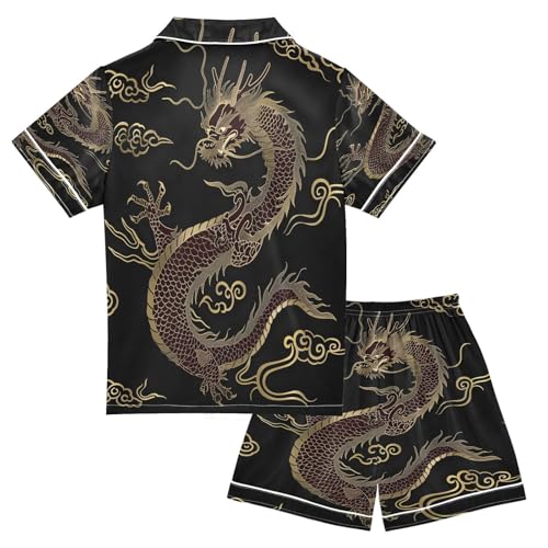 ALAZA Funny Dragon Cloud Animal Satin Pajamas Set Short Sleeve Button Down Sleepwear Summer Pjs 2 Piece2