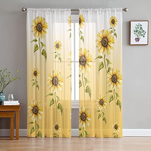 Yomandocix Sunflower Curtains 84 Inch Length 2 Panels Set, Yellow Sheer Rod Pocket Kitchen Curtain Drapes Privacy Voile for Living Room Bedroom Summer Floral Decor