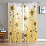 Yomandocix Sunflower Curtains 84 Inch Length 2 Panels Set, Yellow Sheer Rod Pocket Kitchen Curtain D