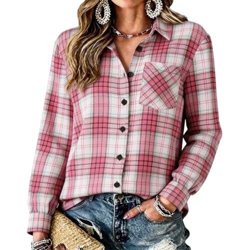 Button Down Shirt Women Long Sleeves Vintage Collared Gingham Shirts - image 1