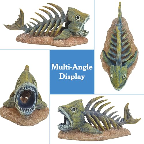 Image of kathson Fish Tank Decorations Resin Piranha Skeleton Aquarium Decor Reptile Tank Accessories Ornament Fish Bone Hideout for Shrimp Lizards Geckos Spiders