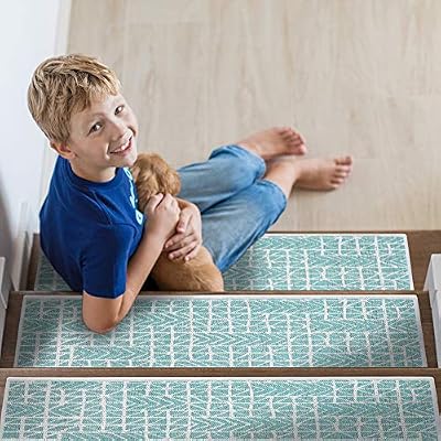 SussexHome Hudson Design 9" X 28" Stair Treads - 70% Cotton Anti-Slip Carpet Strips for Indoor Stairs-Easy to Install with Double Adhesive Tape-Safe, Extra-Grip, 7-Pack-Teal