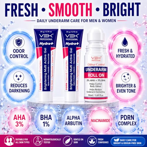 Image of VSK Professional Underarm Roll On with 3% AHA + 1% BHA & Brightening Multi Active Gel with PDRN, Alpha Arbutin & Niacinamide | Helps Control Body Odour & Improve Appearance of Dark Underarms | 50ml + 40g