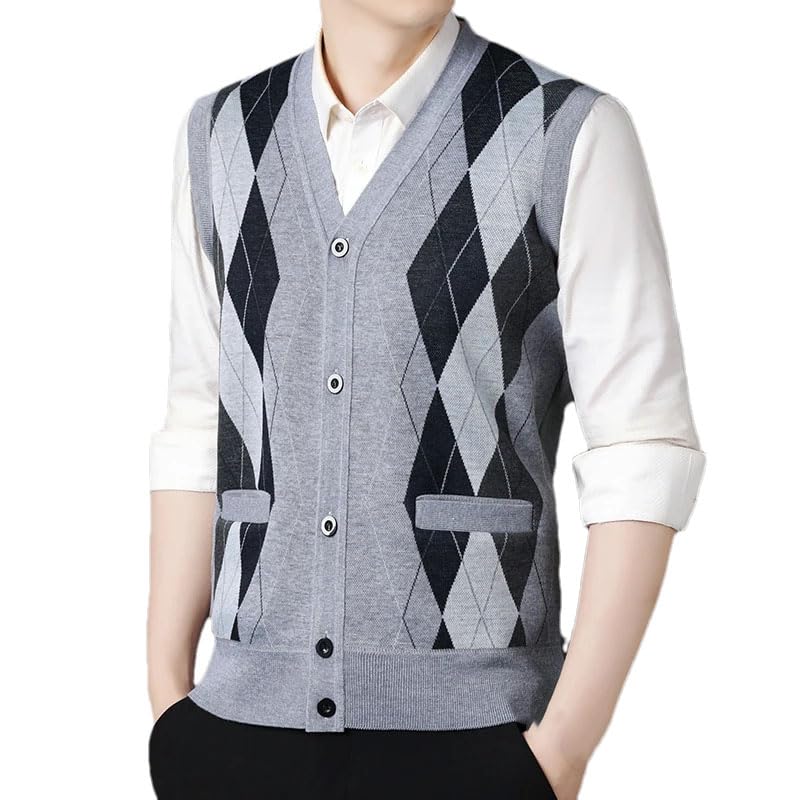 Mens Contrast Knitted Vest Sleeveless Classic V Neck Sweater Vest Button Front Knit Cardigan Waistcoat