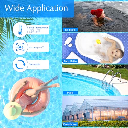 Chatthen Wireless Pool Thermometer, Floating Easy to Read with Indoor Temperature Monitor, IP67 Waterproof Digital Pool Thermometer for 60 m Range for Swimming Pools, Aquariums, Bathtubs
