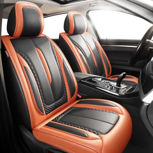 Image of Fit Outback Car Seat Covers Compatible with Subaru Outback 2010-2025 2026 - Premium Breathable Leather,Airbag Compatible,Waterproof All-Weather Seat Cushion Protector, 2 Front Seat Orange&Black