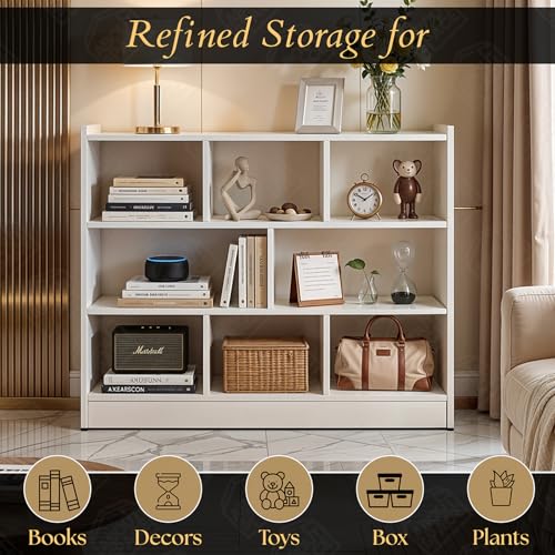 Image of ABOUT SPACE Book Shelf - 8 Cubes Engineered Wood DIY Book Rack with Bushes Multipurpose Book Stand for Home Library Open Storage Organizer for Bedroom, Living Room (White - L 115 x B 31.5 x H 96.5 cm)