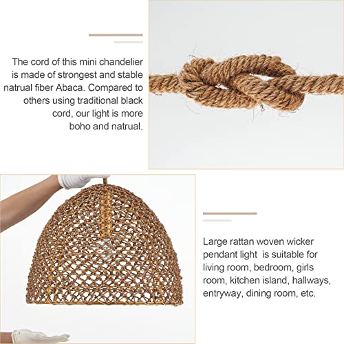 Elyccupa Hand Woven Boho Farmhouse Chandelier Brass Adjustable Open Weave Cane Rib Dome Large Pendant Light For Kitchen Island Dining Room Living Room, Dia 20 Inch, E26, Ul Listed #TOP5