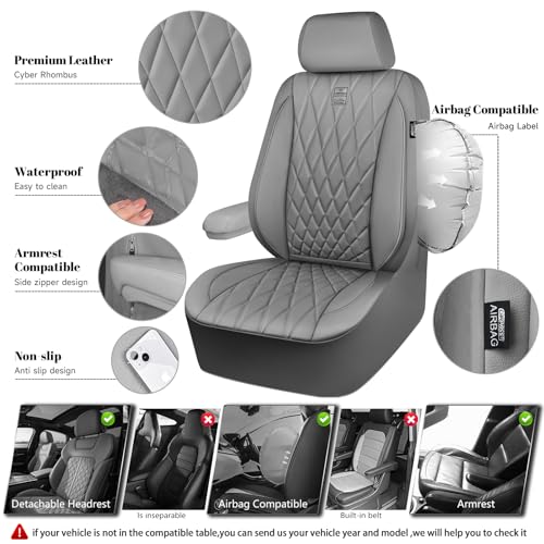 Image of CAR PASS Piping Luxury PU Leather Two Front Car Seat Covers, Waterproof Anti Slip Seat Covers Compatible with Front Seat Armrests,Universal Fit for Suvs,Vans,Trucks,Airbag Compatible(All Gray)