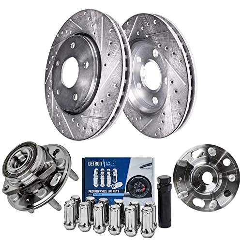 Image of Detroit Axle - Front Brake Kit for Buick Regal LaCrosse Chevy Impala Malibu | Equinox GMC Terrain Saab 9-5, Drilled & Slotted Disc Brake Rotors Wheel Bearing & Hubs Wheel Lug Nuts Socket Key Replacement