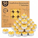 LETINE 50 Pack Bienenwachs Teelichter Kerzen - Reines Bienenwachs Teelicht, Naturbelassene Bio Teelichter ohne Duft - Rauchfrei & Sauber Brennend mit über 4 Stunden Brenndauer