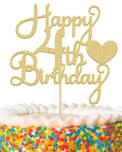 MYAMPED Happy 4th Birthday Cake Topper - Glitter Golden Four Years Old Birthday Party Cake Topper Decorations, Suitable For Boy Or Girl