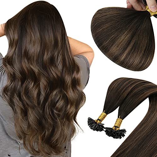 Sunny Ombre Brown U Tips Fusion Hair Extensions Highlights Dark Brown with Medium Brown U Tip Human Hair Extensions Pre Bonded Keratin Utips Extensions Remy Hair Ombre Brown 16inch 50g/pack