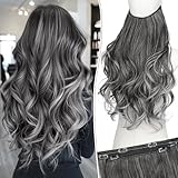 KooKaStyle Invisible Wire Hair Extensions Long Wavy Layered Synthetic Hair Extensions with Transparent Wire Adjustable Size 6 Secure Clips Grey/Sliver Mixed Hairpieces for Women 20 Inch