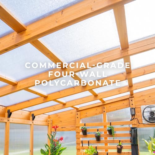 Image of Backyard Discovery Willow 9' x 6' Cedar Wood and Polycarbonate Walk-in Greenhouse Kit with Exhaust Fan, Windows, Hose Hook-Ups, PowerPort, Staging Shelves for Year-Round Outdoor Gardening