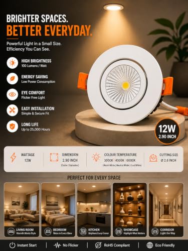 Image of KUSUM 12 Watt White Reflector Concealed LED Ceiling COB Round Spot Light with Focused Beam | Cool White, Pack of 1 (6000K) | Energy Efficient LED Ceiling Light for Home and Office