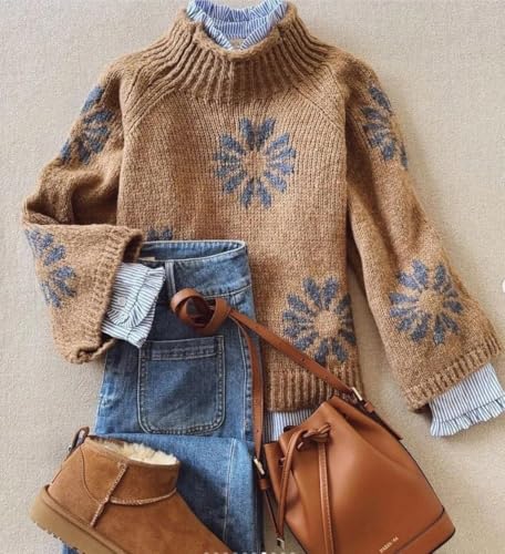 Sweaters for Women Floral Mock Neck Loose Long Sleeve Cable Knit Pullover 2025 Fall Winter Fashion Outfits2
