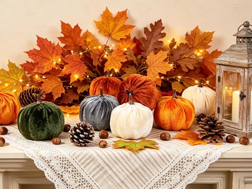 Image of Super Holiday 15PCS Fall Artificial Velvet Pumpkins Decor, 5 Colors Foam Faux Fall Pumpkins Decorations, for Home Autumn Harvest Halloween Thanksgiving Party Table Centerpiece Decor.