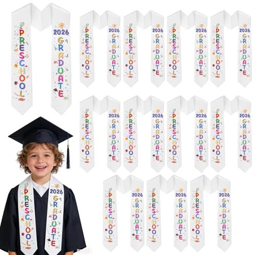 LAIAMER 12PCS Kindergarten Printed Graduation Stole Kids Graduations Sash Preschool Printed Graduation Stole Class of 2026 Graduation