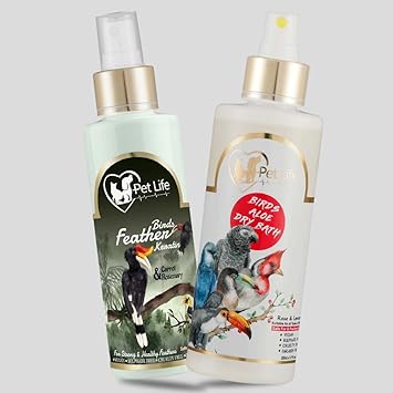 Pet Life Birds Aloe Dry Bath Shampoo 200 Ml + Birds Feather Keratin 200 Ml Waterless/Spray for Poultry Birds, Parrots, Sparrows, Pigeon - Cleaner/Shinier Coat & Strong/Healthy Feathers -All Bird Type