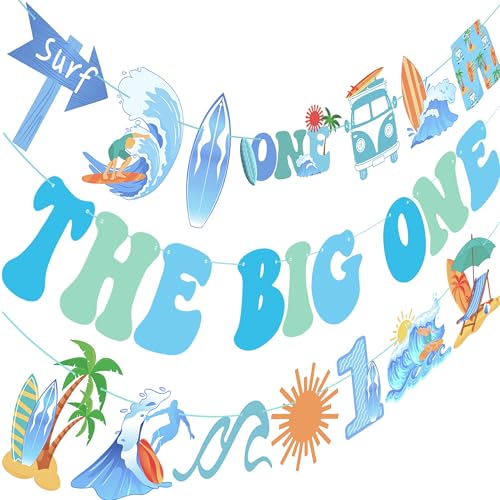 Image of Surf The Big One Banners Retro 3PCS Beach Surfing 1st Birthday Banners The Big One Party Supplies for Summer Beach Surfing First Birthday Party Decor