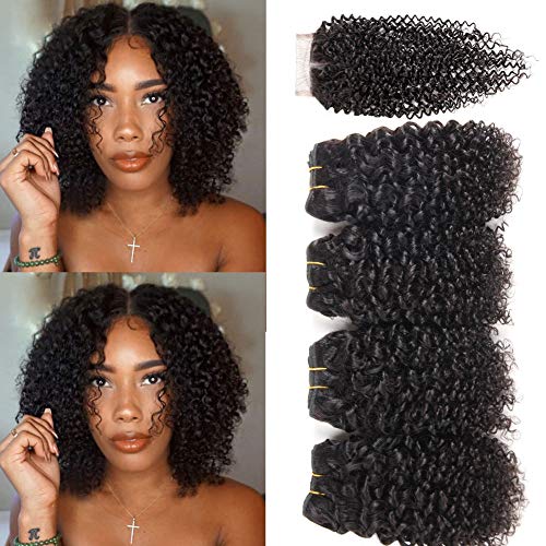 Peiyulex Brazilian Virgin Curly Hair 4 Bundles with Lace Closure 100% Unprocessed Human Hair Bundles Brazilian Kinky Curly Bundles with Middle part
