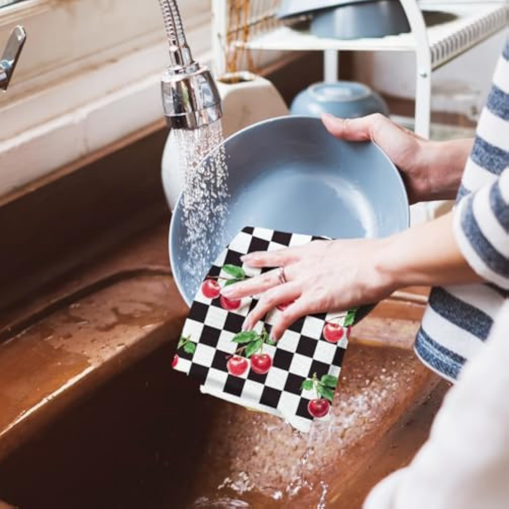 Black and White Checkered Cherry Kitchen Towels, Retro Decor