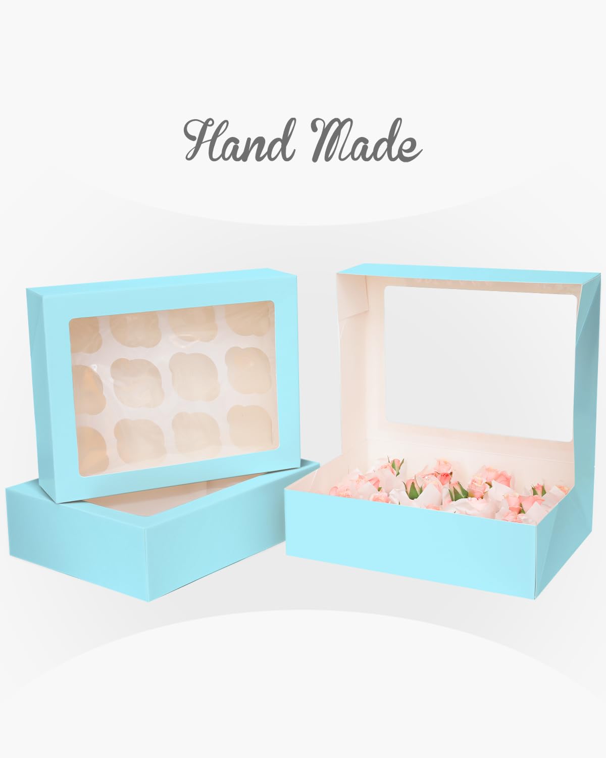 Gcardist Auto-pop Up 12 Cupcake Boxes with Window Licht Blau 6 Packs Cupcake Box 33x25.4x9cm Bakery Boxes for Cupcakes Carrier Cupcake Containers(13×10×3.5 inch) - Image 3