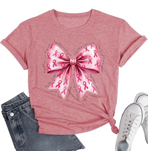 Pink Bow Breast Cancer Shirts October We Wear PinkShirt Breast Cancer Awareness T-Shirt Pink Ribbon Short Sleeve Tee Tops