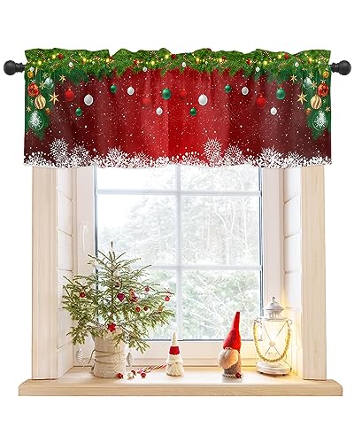 BestLives Christmas Curtain Valance Xmas Baubles Coniferous Rod Pocket Valance Window Treatments 1 Panel Pine Tree Twig Red Short Curtains for Kitchen Windows Bathroom Bedroom 54 x 18 inch