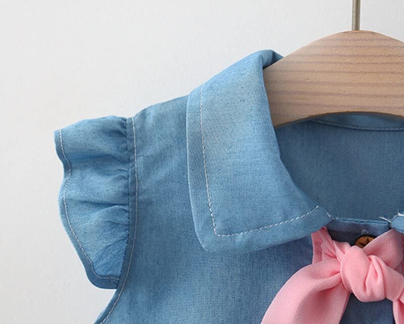 Image of Bold N Elegant Cap Sleeve Denim Embroidered Midi Party Dress Frock with Hat Dress for Infant Toddler Girl Baby Girl