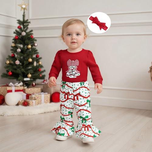 My First Christmas Baby Girl Outfit Newborn Puff Long Sleeve Ribbed Knit Romper Flare Pants Headband 3Pcs Set4