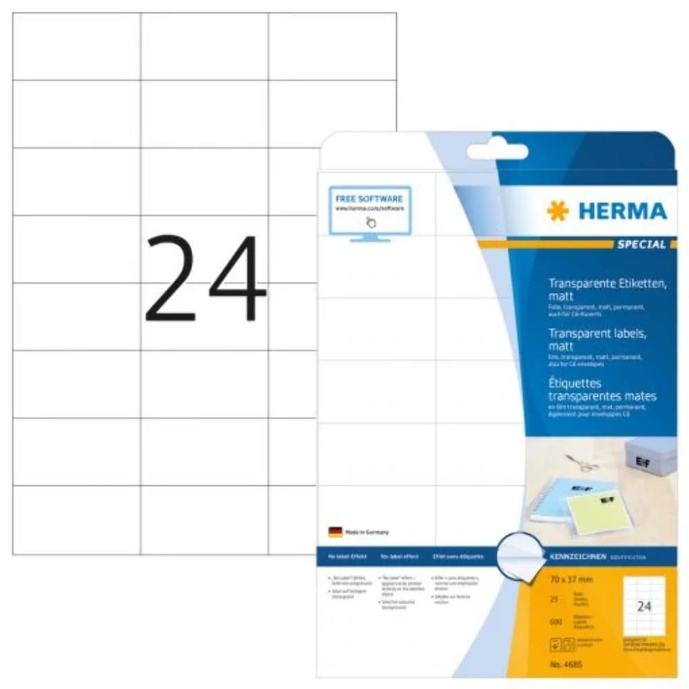 HERMA Etiketten Transparente matte Folien 4685 – DIN A4, 600 Etiketten, 25 Bogen