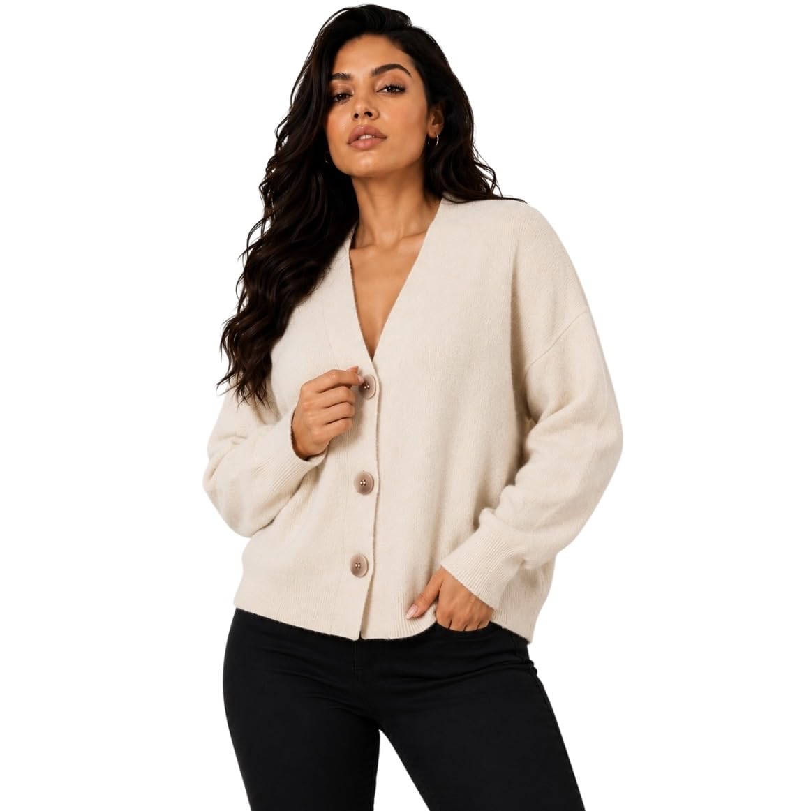 Women's Oversized V Neck Long Sleeve Button Front Knit Cardigan Cream White XL-image-1
