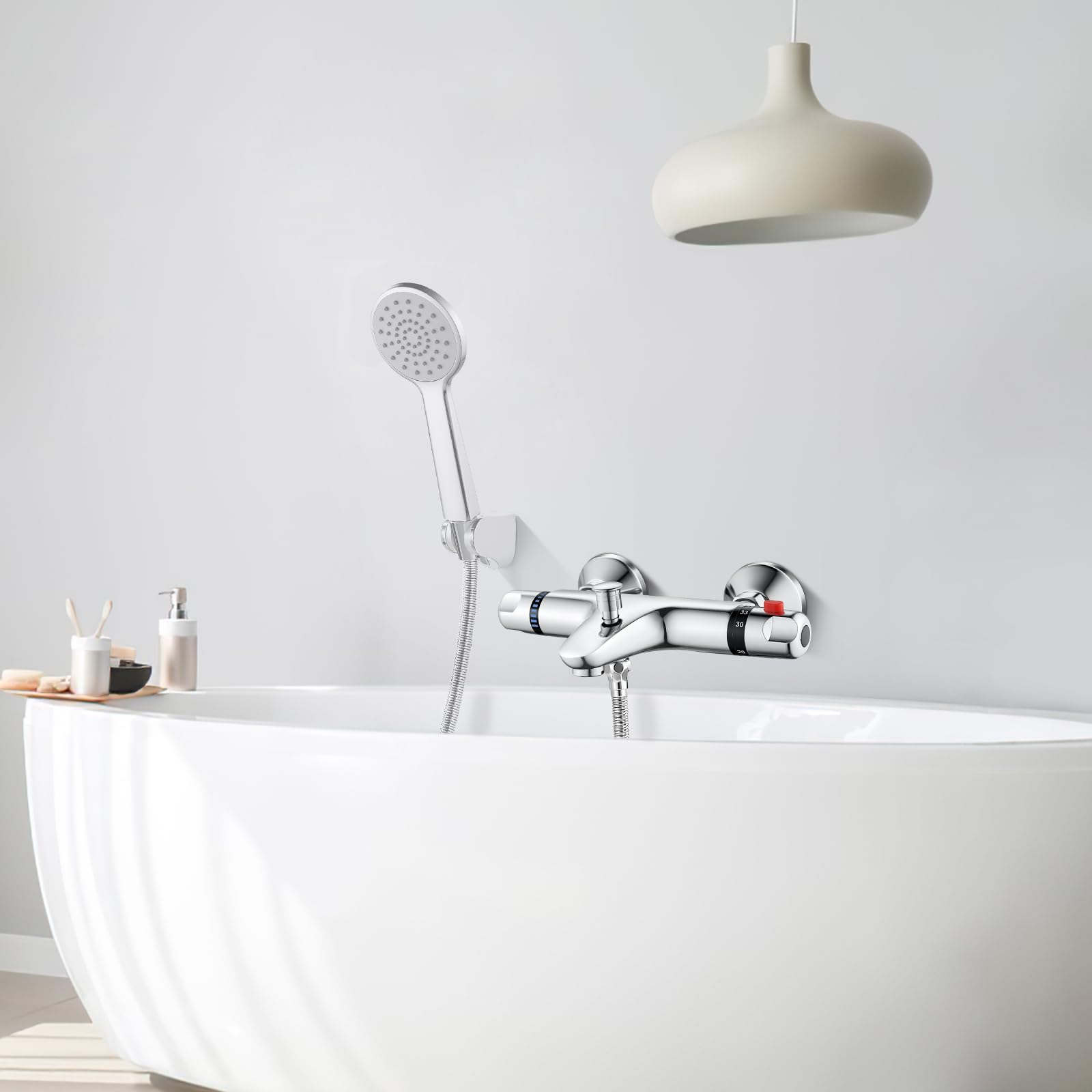 Duscharmatur mit Thermostat aus Messing, Chrom Mischbatterie und Aufputz für Badewanne und Dusche mit 38 °C Sicherheitstaste