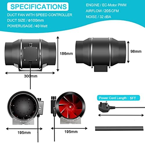 Aygrochy 4 inch Inline Duct Fan with Temperature and Humidity Controller, Extractor Fan for Booster, Grow Tents, Ventilation and Extractor Fan.