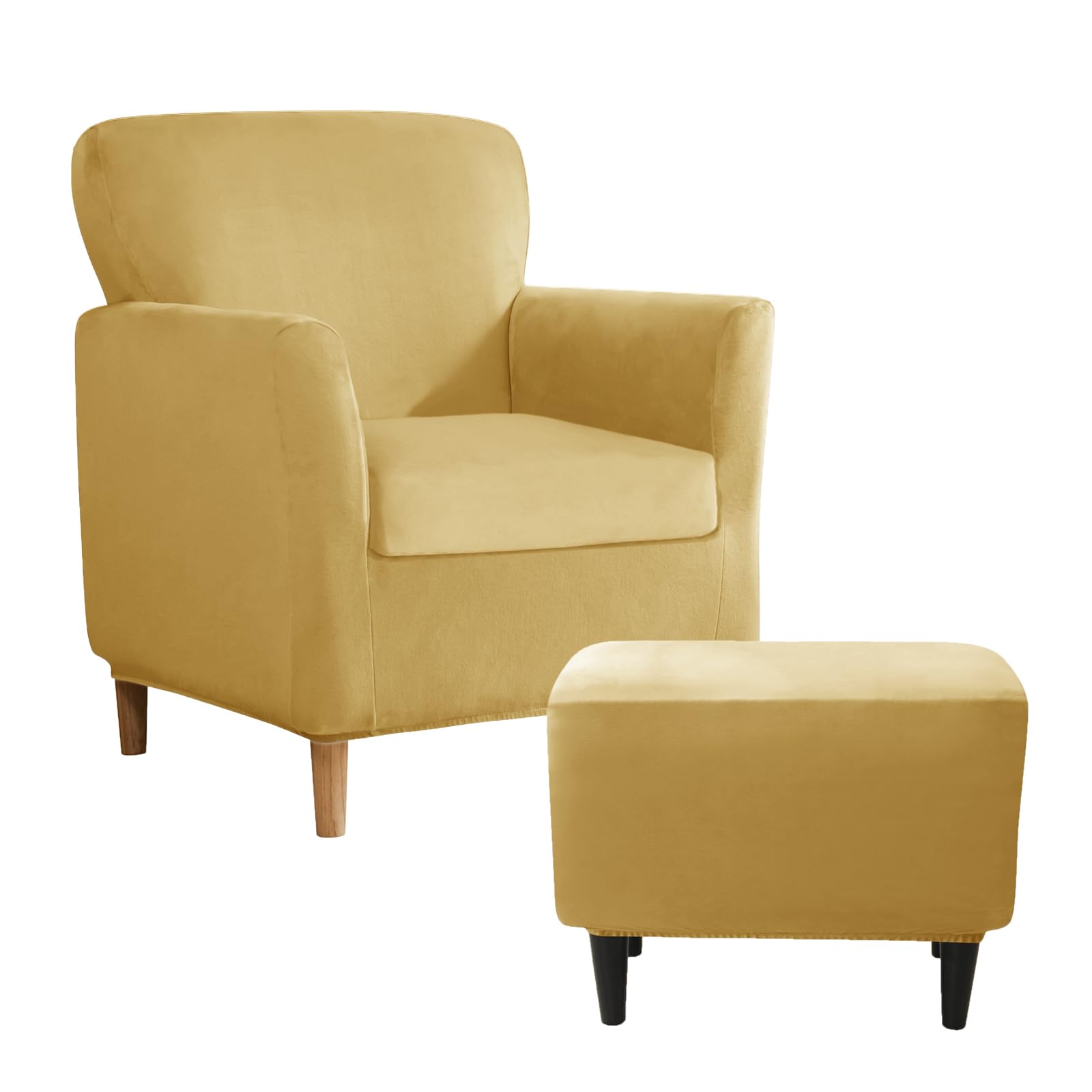 SYLC Stretch Velvet Armchair Sofa Covers with Ottoman Cover Rectangle/Square, Banquet Tub Chair Covers Footstool Slipcover Furniture Protector (Lemon,Chair+Seat+Rectangle)