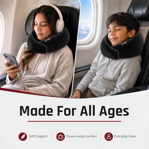 Image of Premium Memory Foam Neck Pillow by ValorX USA for Travelling 360 Neck Support with Adjustable Velcro Straps & Ultra-Soft Velvet Cover, Black
